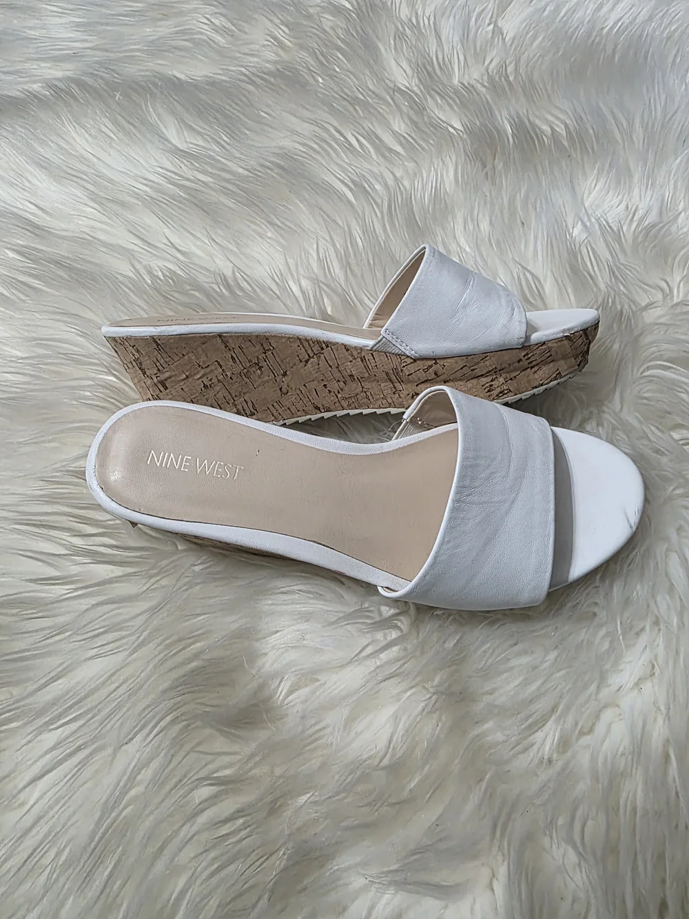 Nine West White Cork Wedge Slide Sandals